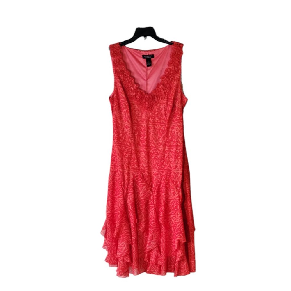 Signature by Robbie Bee Women's V-Neck Orange and Red Flowered Ruffled Dress
